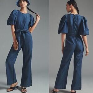 NWT En Saison Sere Blue Puff Sleeve Round Neck Denim Belted Jumpsuit Sz: Large